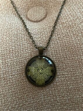 Bronze Celtic Cross Pendant Necklace in Olive Green and Black